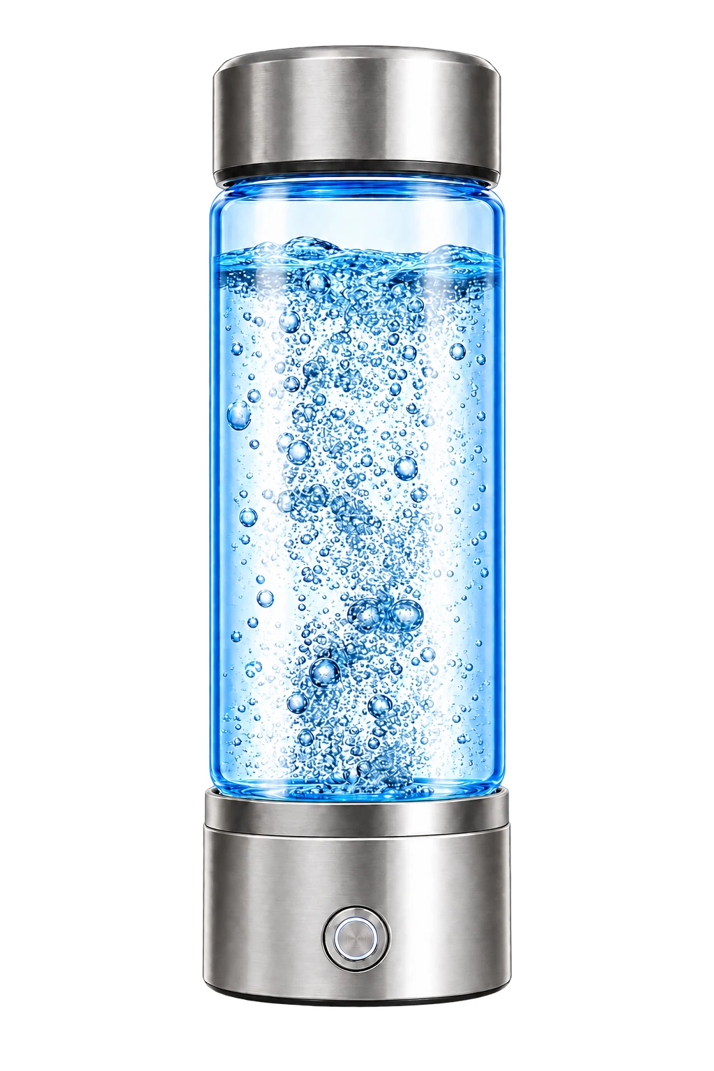 Illustrative AquaFusion-style glass hydrogen bottle with steel cap and one-touch base