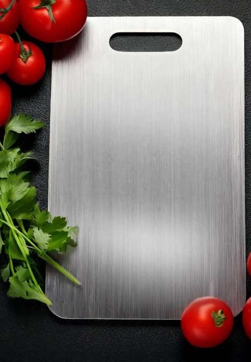 Tábua de corte Katori sobre bancada escura, cercada de tomates e salsinha frescos
