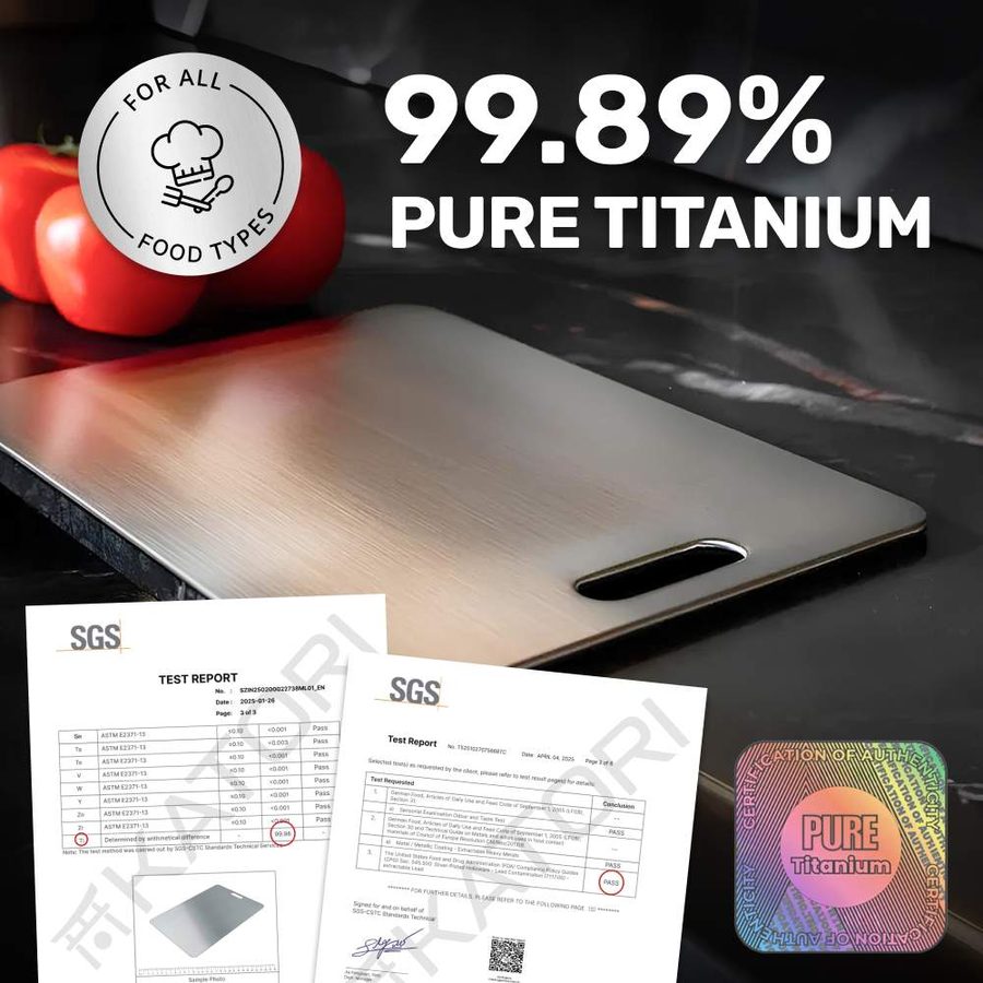 Certificado de teste SGS apontando 99,89% de pureza de titânio, com selo de autenticidade do produto
